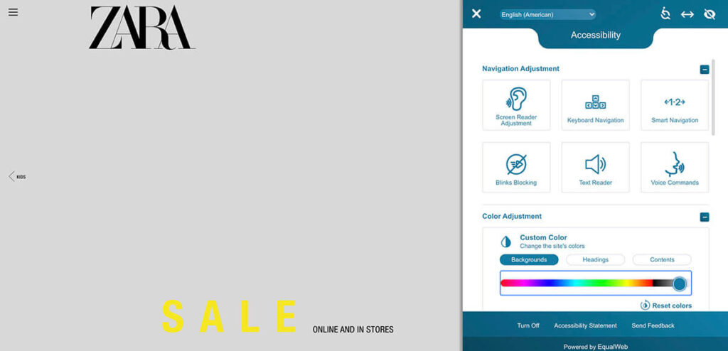 Zara accessibility mode